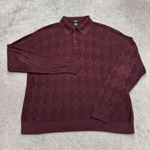 Carlo Argyle Polo Sweater Mens Large Burgundy Silk Blend Long Sleeve Pullover
